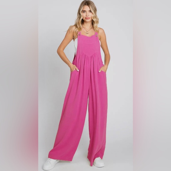ODDI Striped Puff Sleeve Jumpsuit - Full Size Wide Leg Design